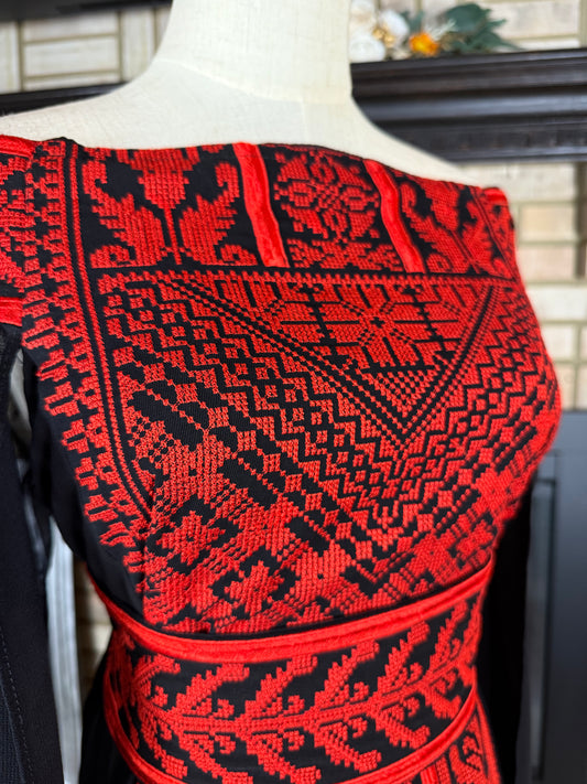 Black/Red Off-Shoulder Embroidered Dress