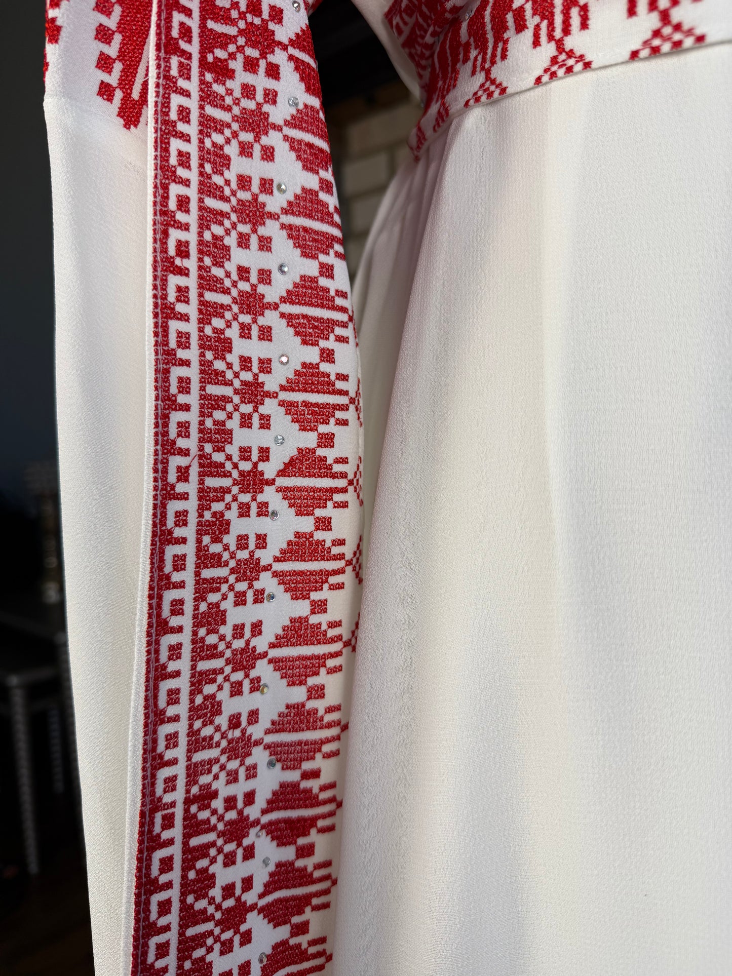 White/Red Long-Sleeve Embroidered Dress
