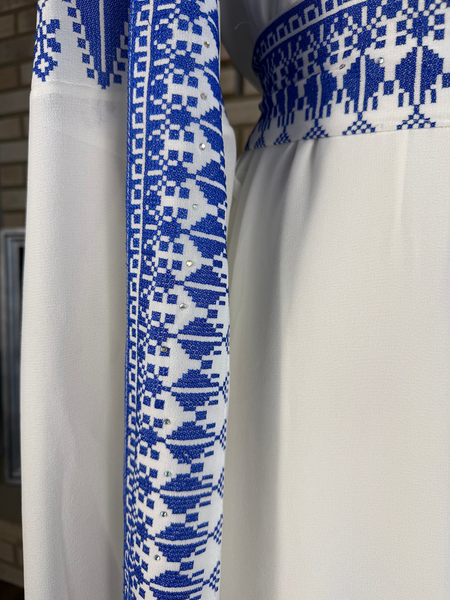 White/Blue Long-Sleeve Embroidered Dress