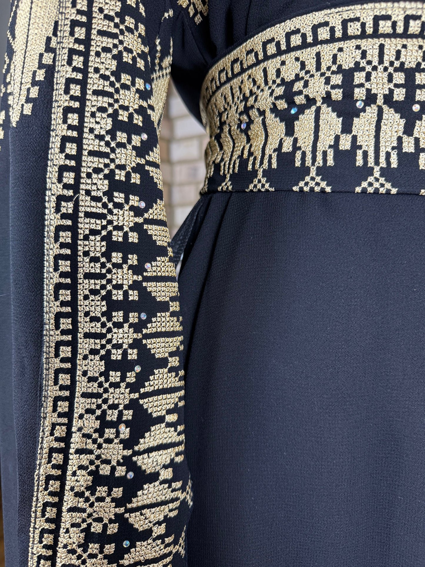 Black/Gold Long-Sleeve Embroidered Dress