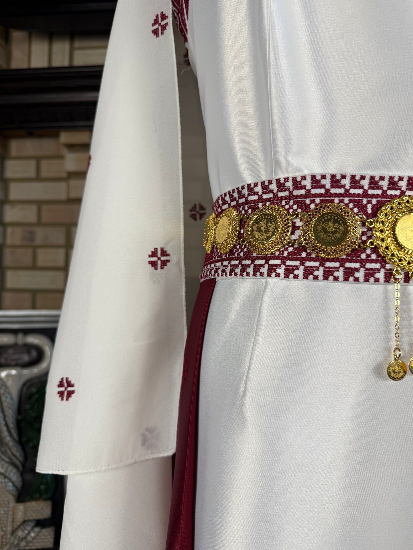 White/Burgundy Satin Bridal Thobe
