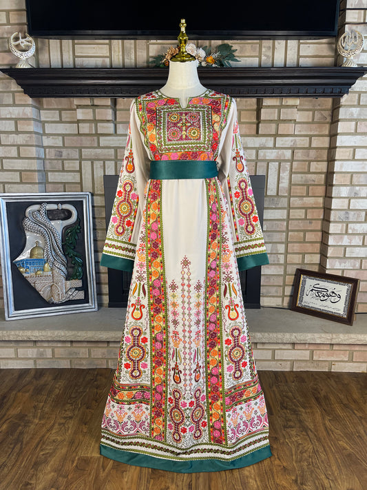 Cream/Green Malaka Thobe