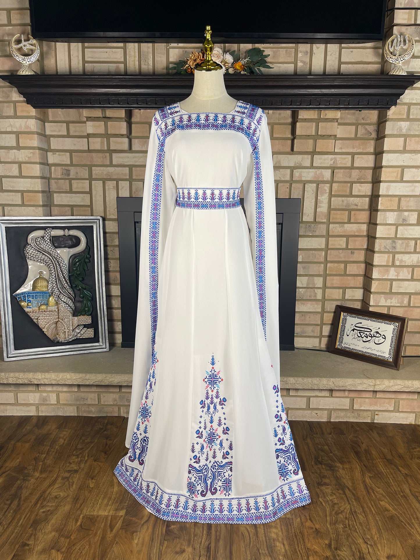 White/Blue Long-Sleeve Embroidered Dress