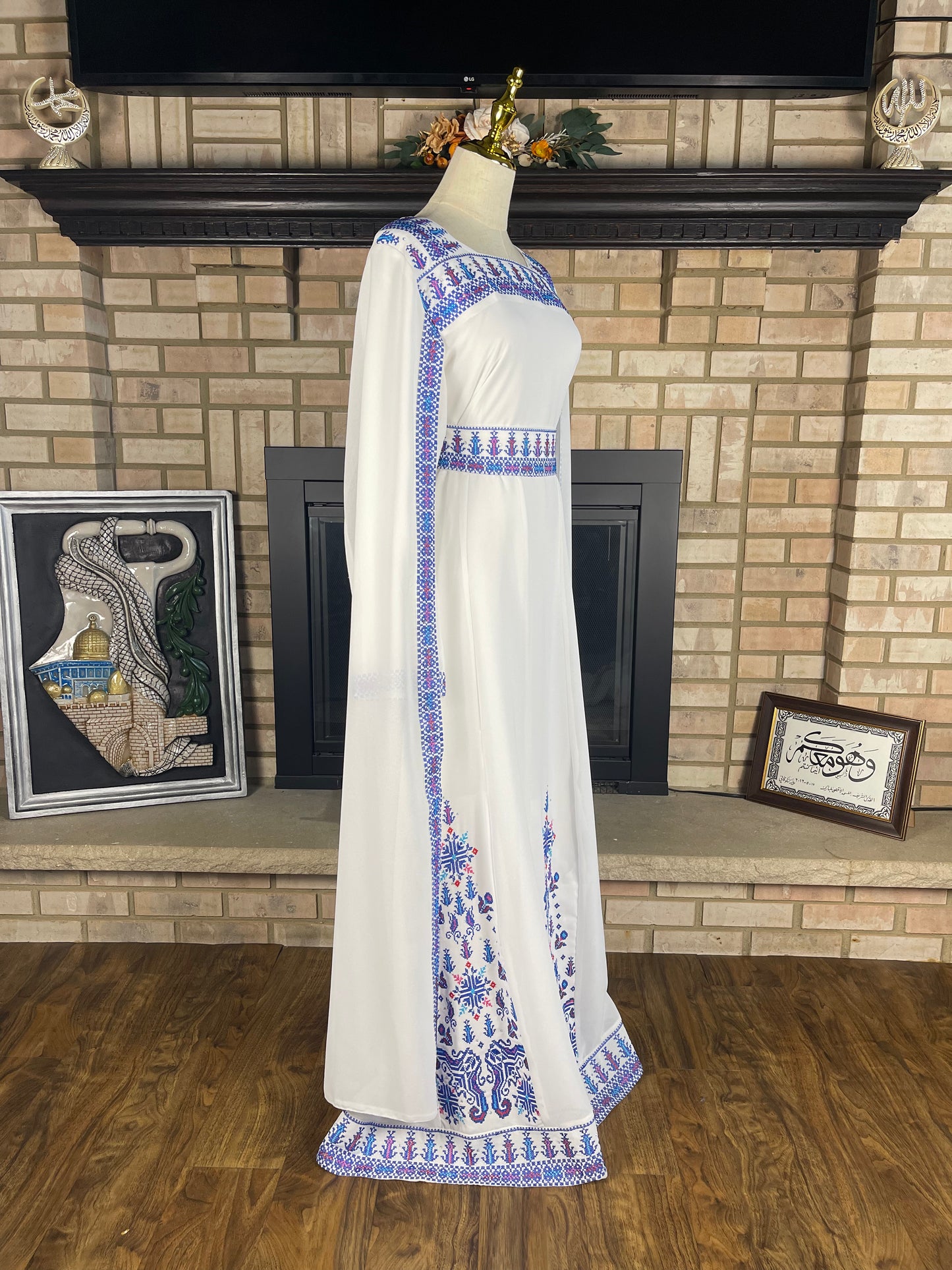 White/Blue Long-Sleeve Embroidered Dress
