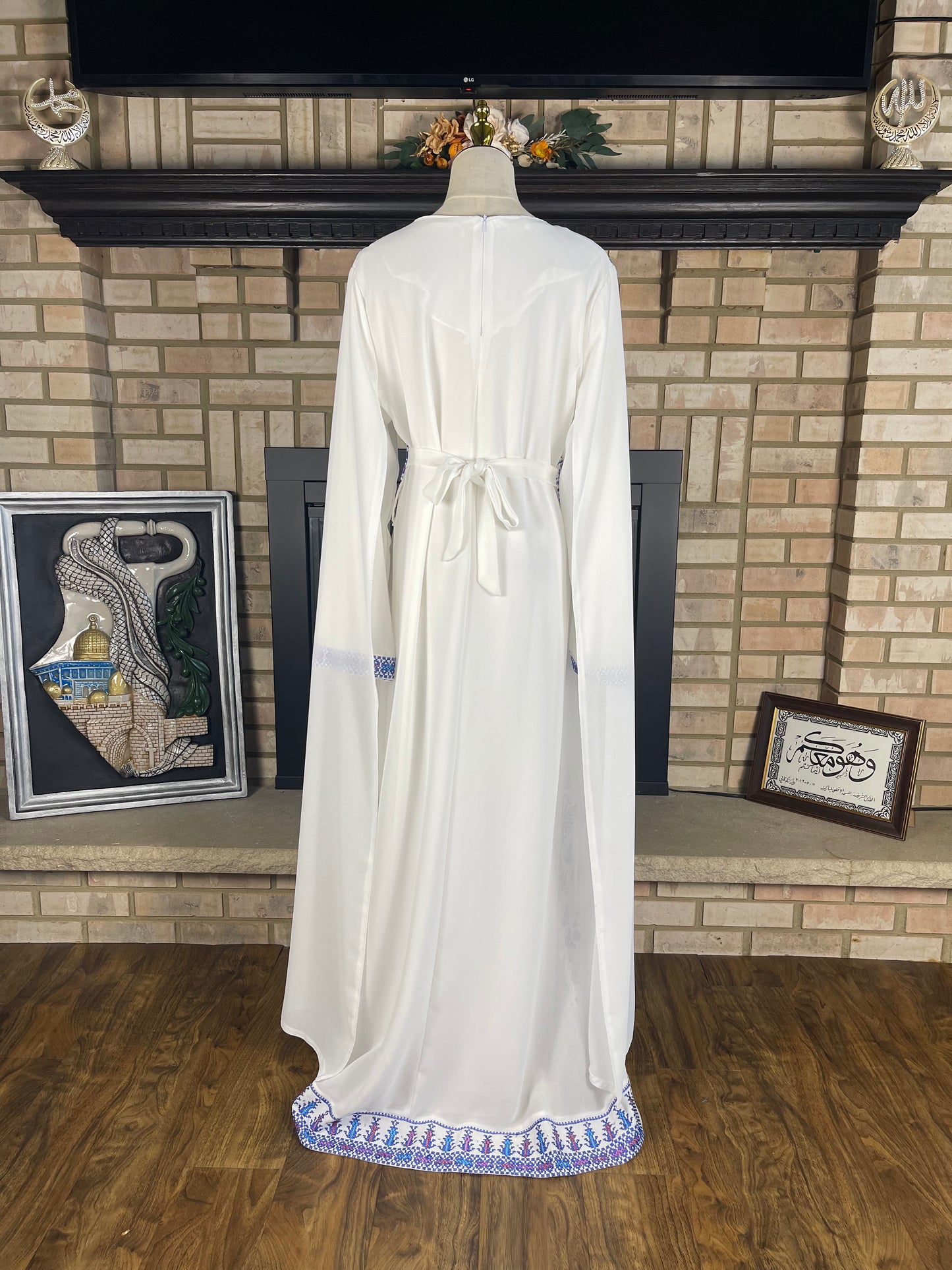 White/Blue Long-Sleeve Embroidered Dress