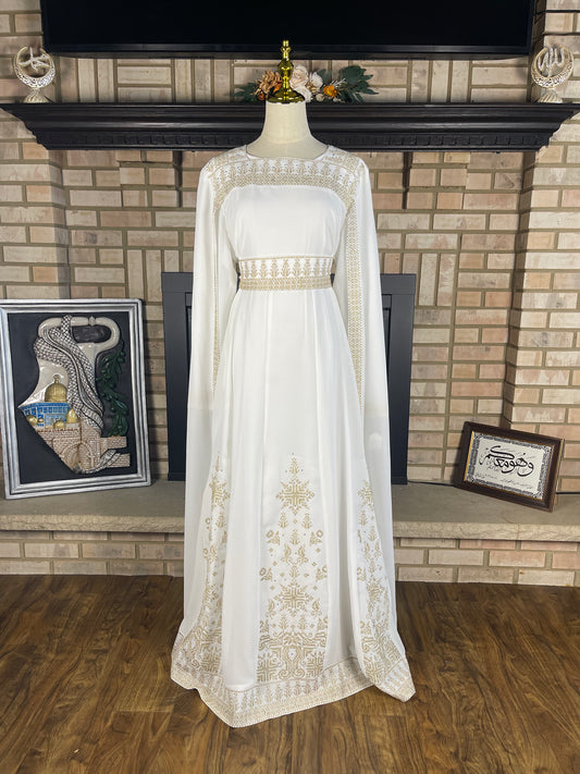 White/Gold Long-Sleeve Kasab Embroidered Dress