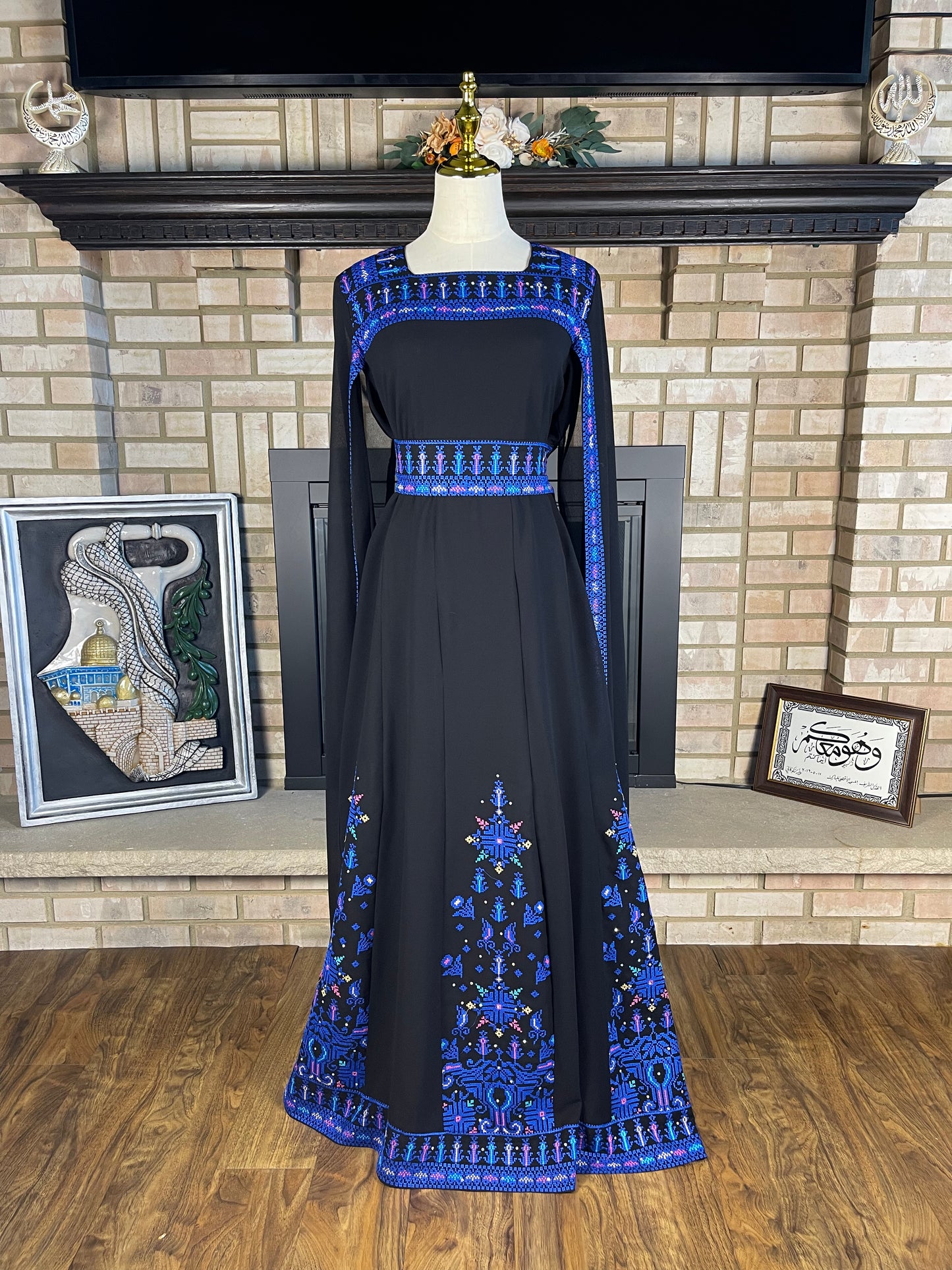 Black/Blue Long-Sleeve Embroidered Dress