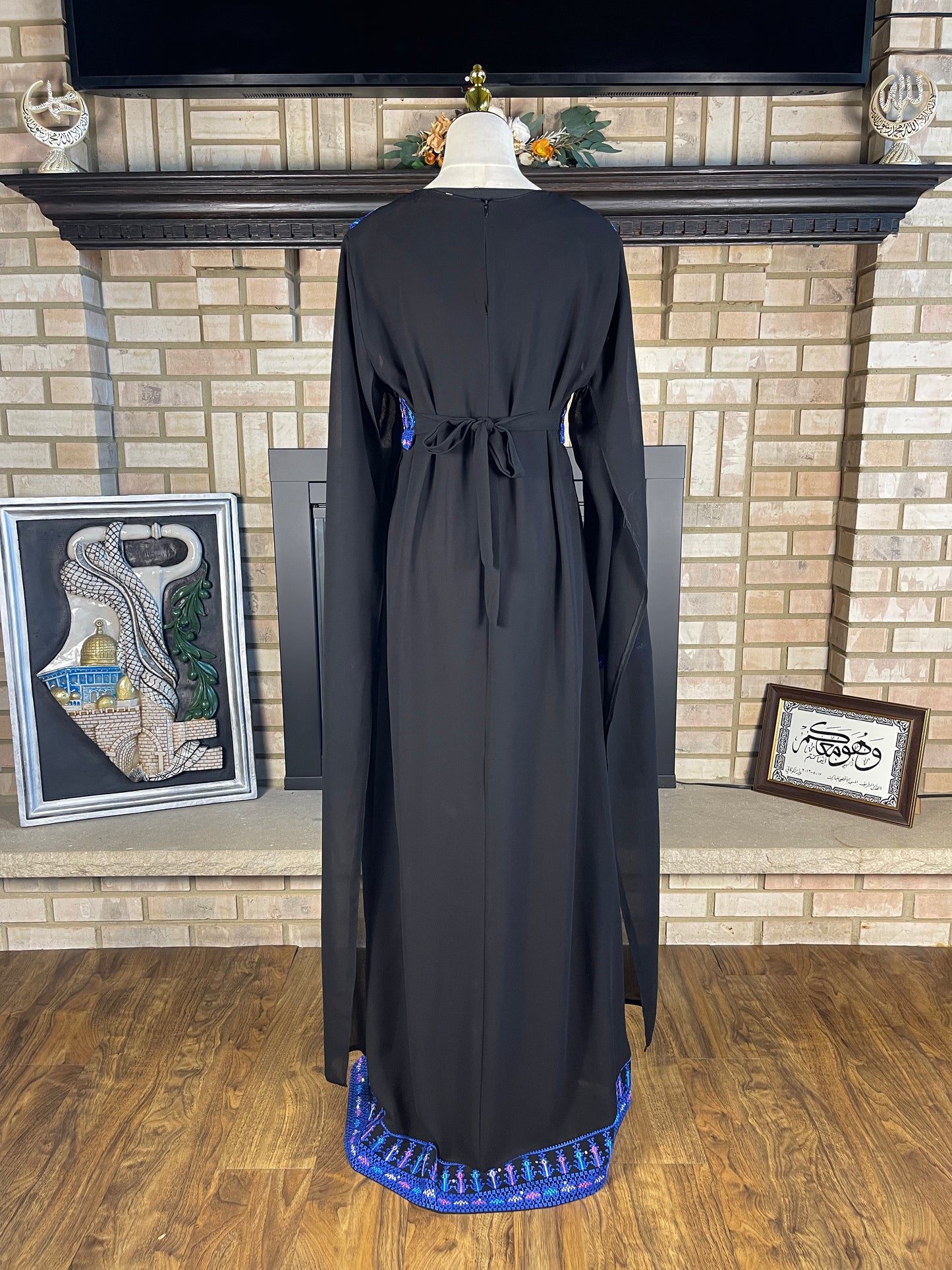 Black/Blue Long-Sleeve Embroidered Dress