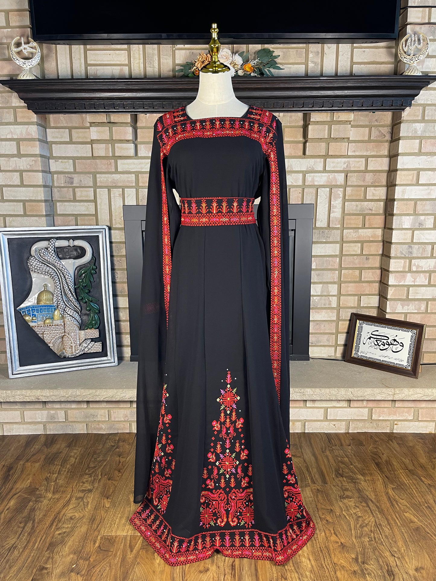 Black/Red Long-Sleeve Embroidered Dress