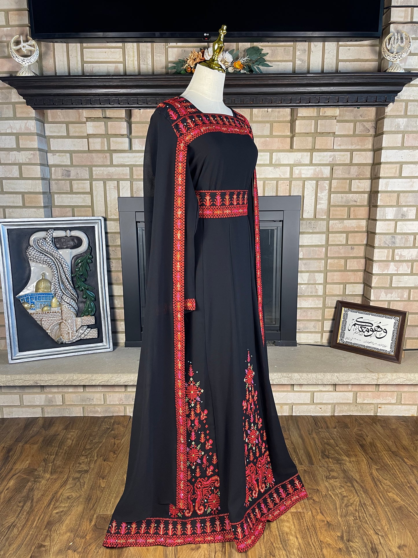 Black/Red Long-Sleeve Embroidered Dress