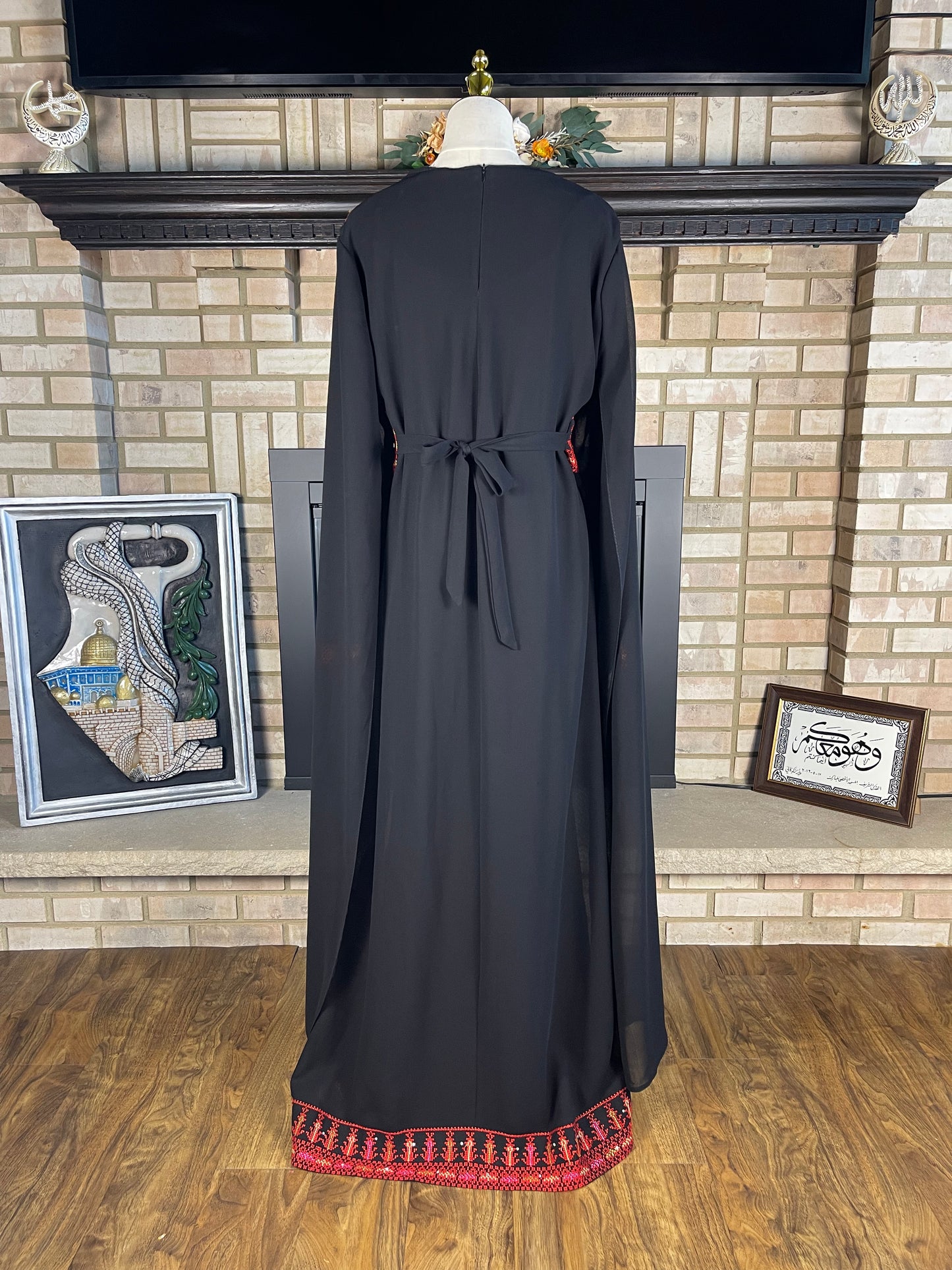 Black/Red Long-Sleeve Embroidered Dress
