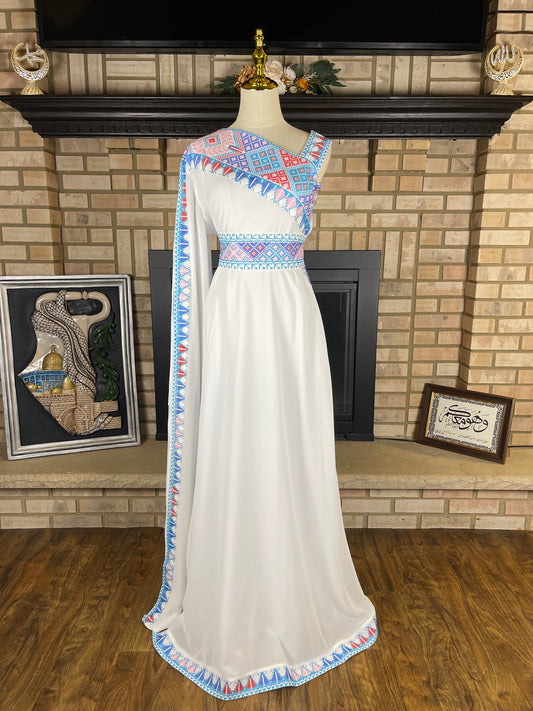 White/Blue Sleeveless Sultana Embroidered Dress