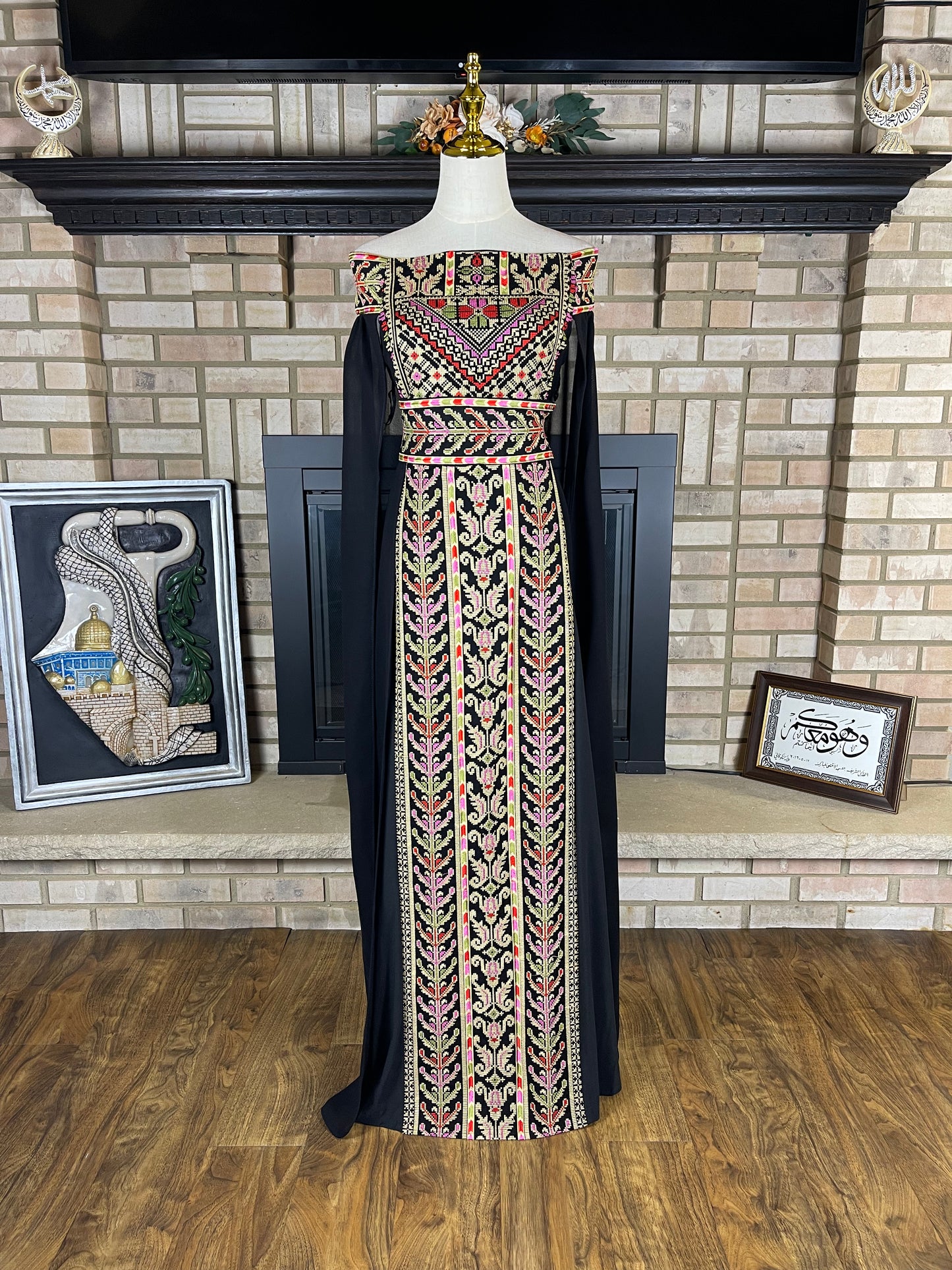 Black/Wheat Off-Shoulder Embroidered Dress