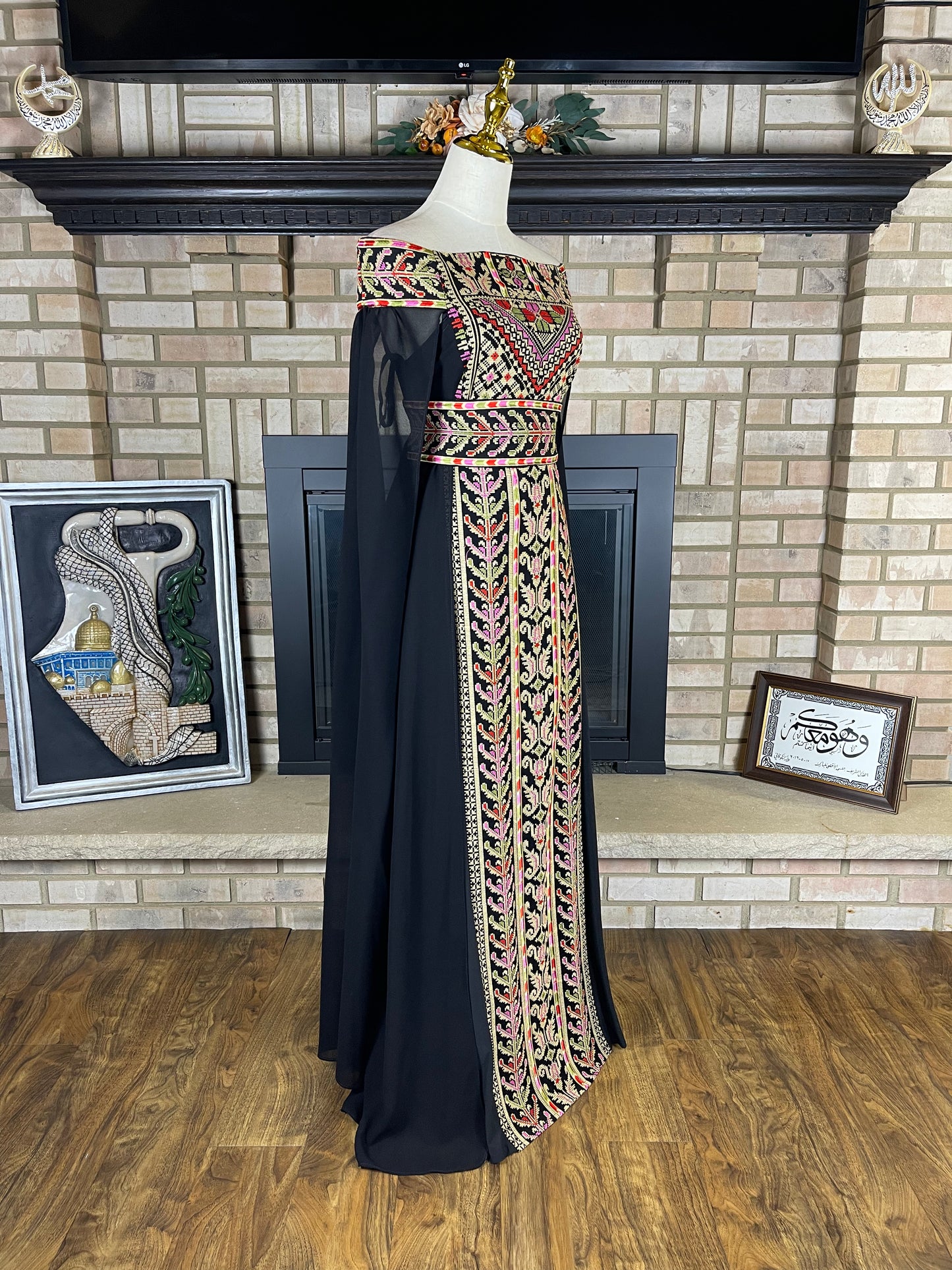 Black/Wheat Off-Shoulder Embroidered Dress