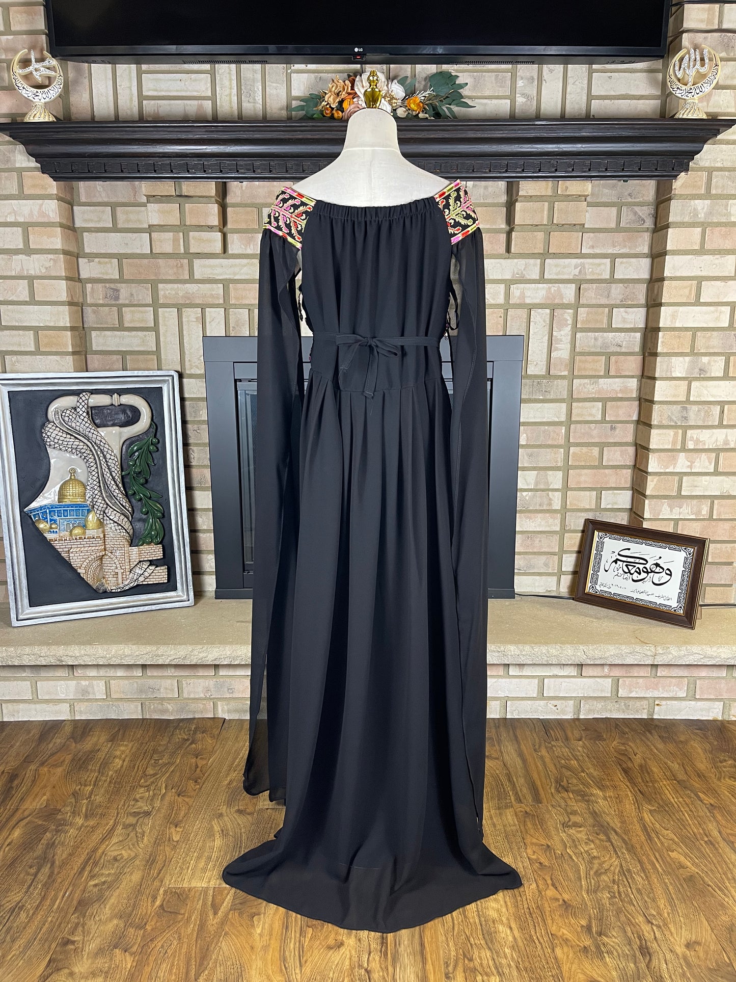 Black/Wheat Off-Shoulder Embroidered Dress