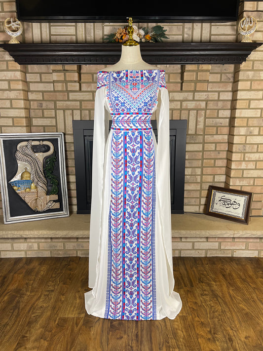 White/Blue Off-Shoulder Embroidered Dress