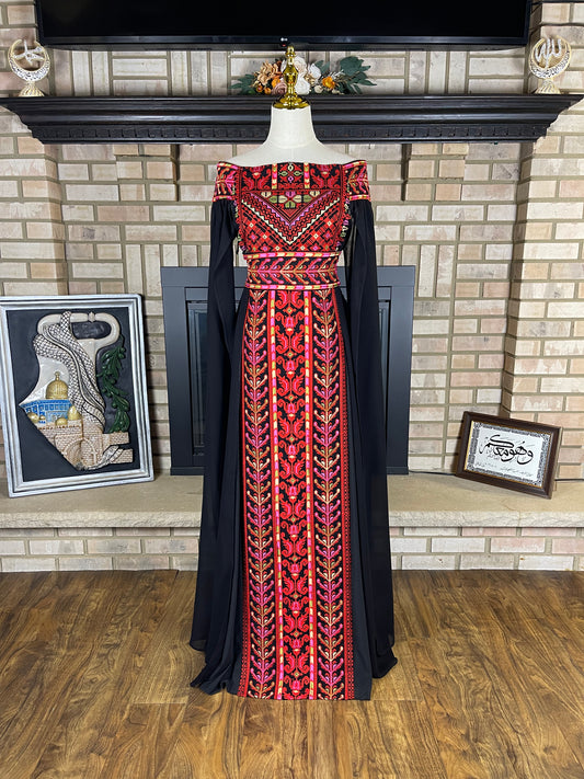 Black/Multicolor Red Off-Shoulder Embroidered Dress