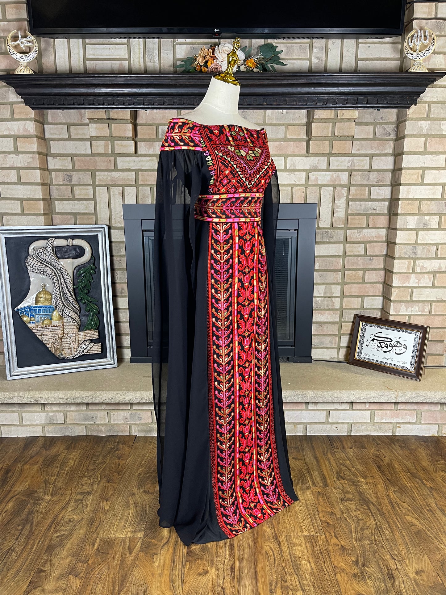 Black/Multicolor Red Off-Shoulder Embroidered Dress
