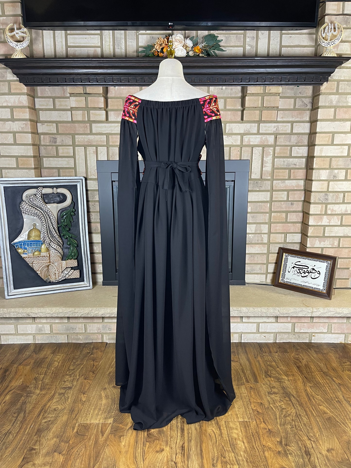 Black/Multicolor Red Off-Shoulder Embroidered Dress