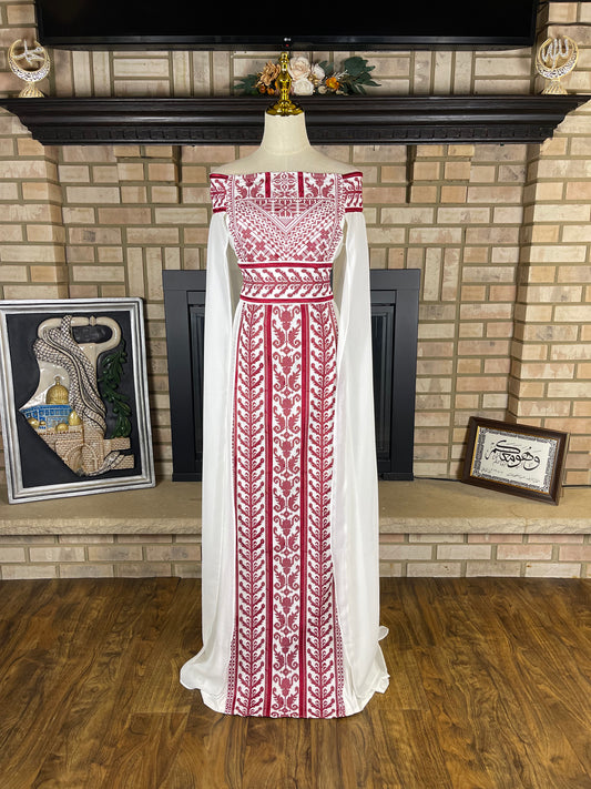 White/Maroon Off-Shoulder Embroidered Dress