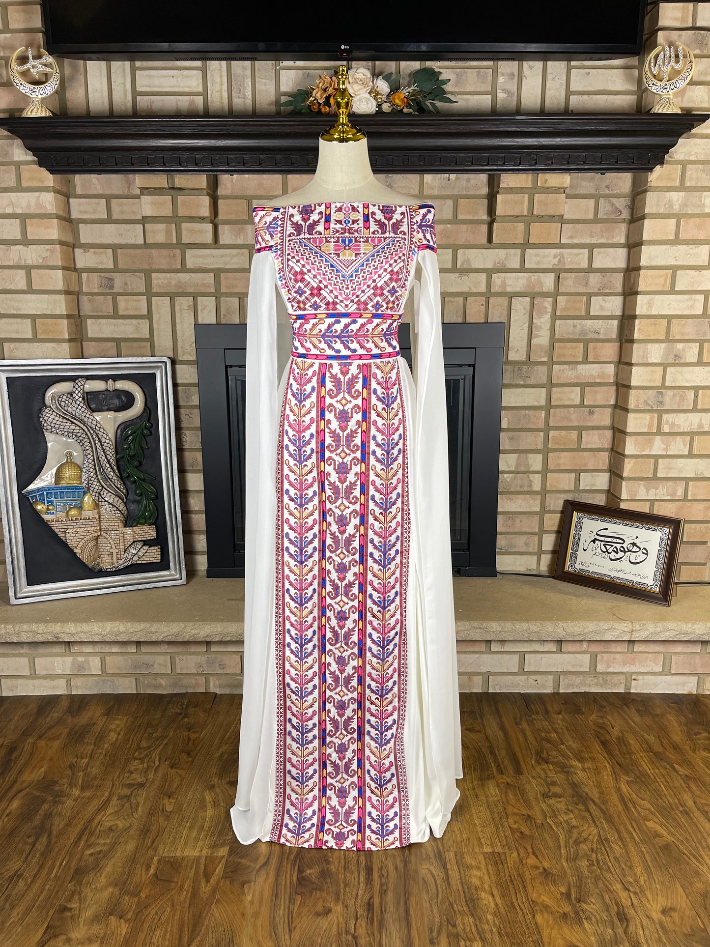 White/Purple Off-Shoulder Embroidered Dress