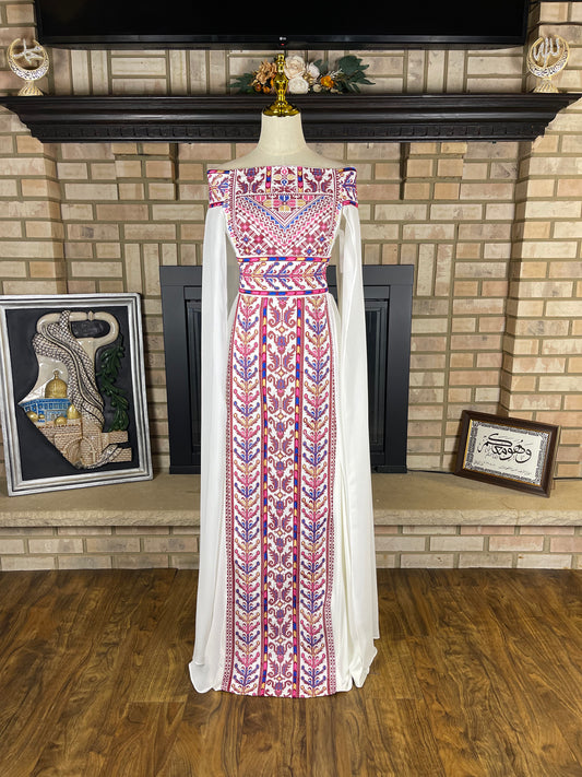 White/Purple Off-Shoulder Embroidered Dress