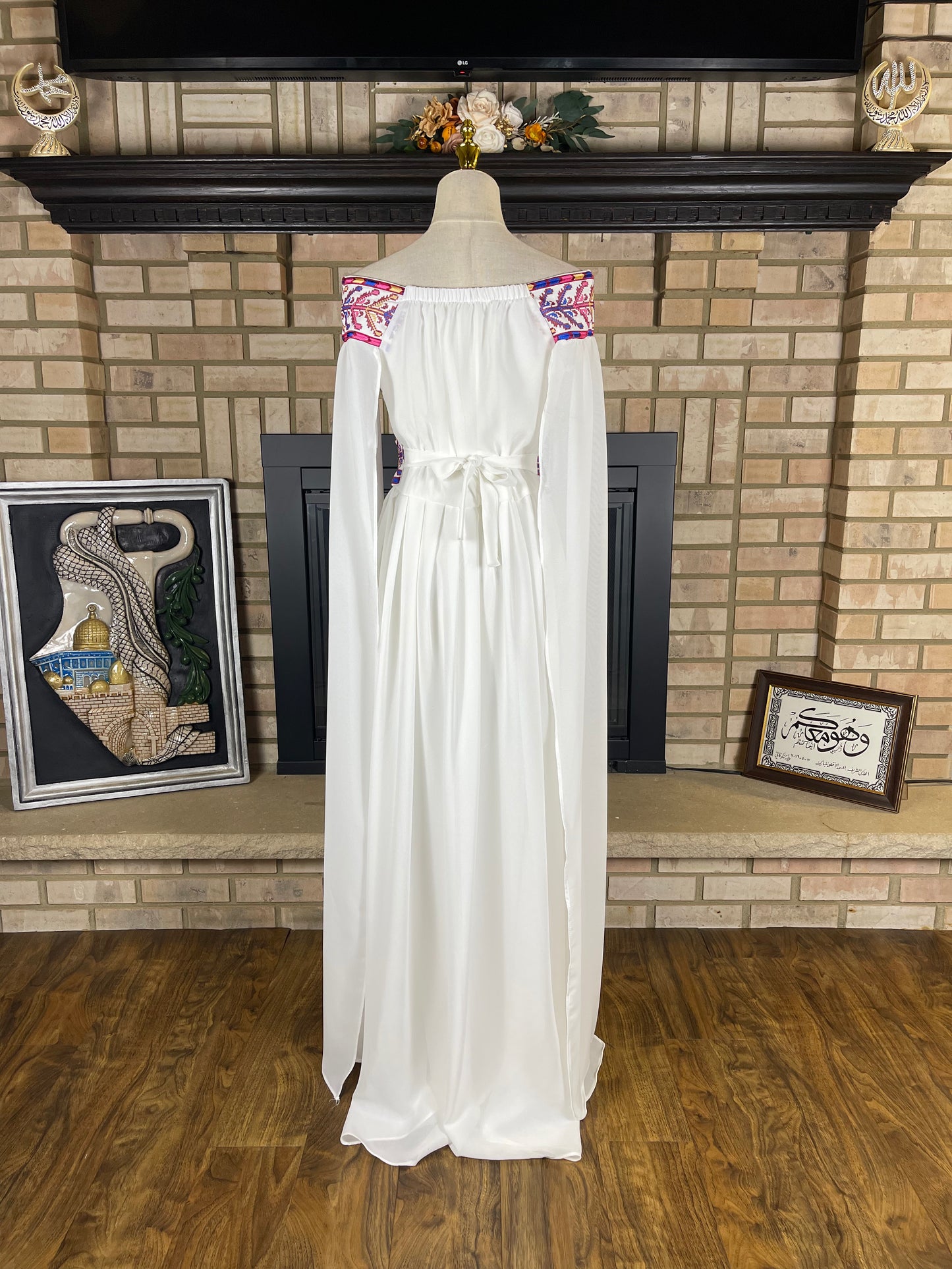 White/Purple Off-Shoulder Embroidered Dress