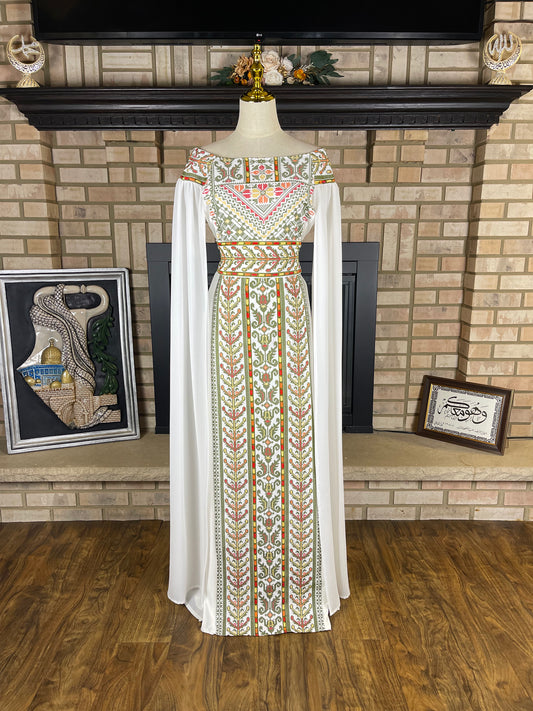 White/Green Off-Shoulder Embroidered Dress