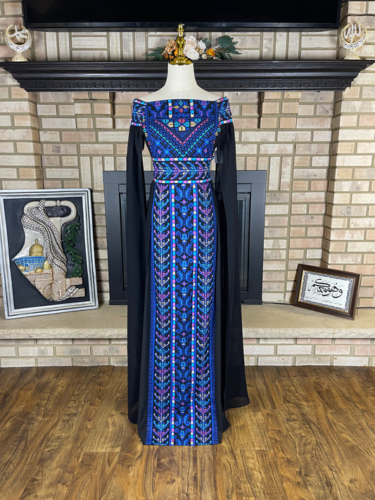 Black/Blue Off-Shoulder Embroidered Dress