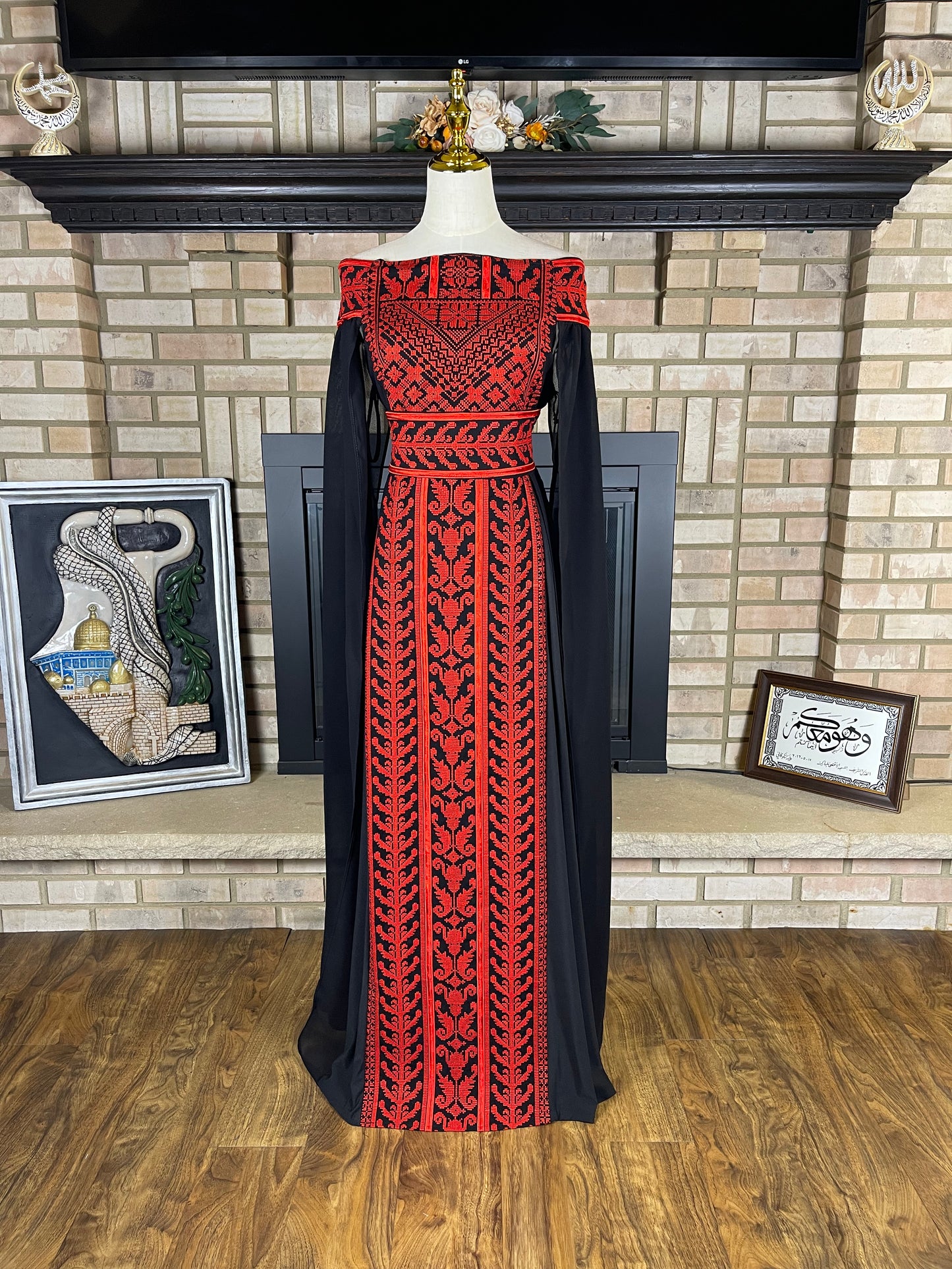Black/Red Off-Shoulder Embroidered Dress