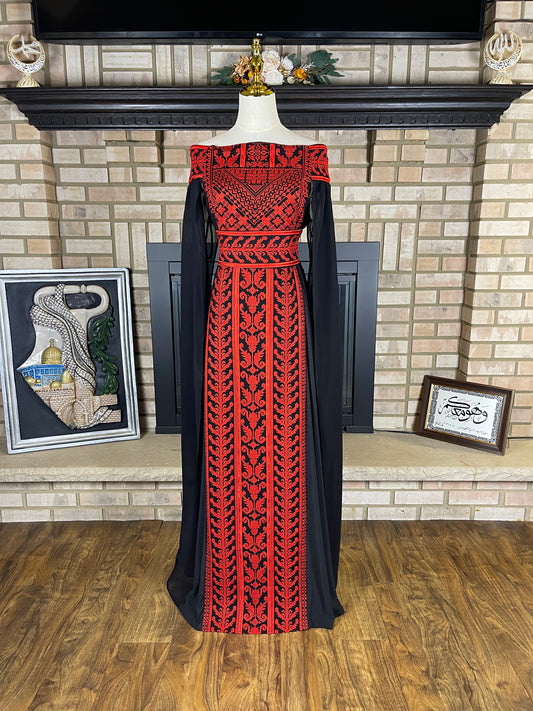 Black/Red Off-Shoulder Embroidered Dress