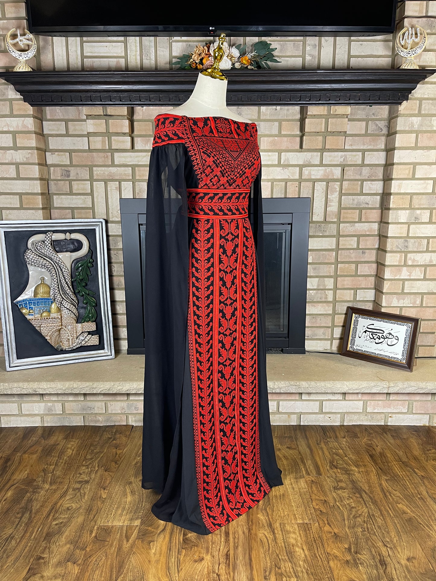 Black/Red Off-Shoulder Embroidered Dress