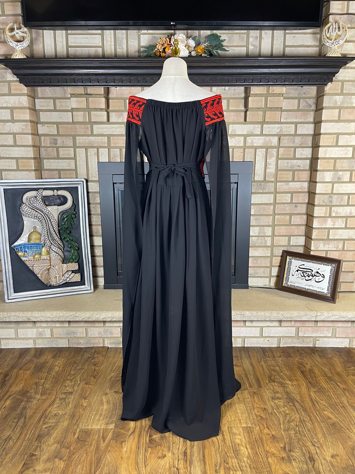 Black/Red Off-Shoulder Embroidered Dress