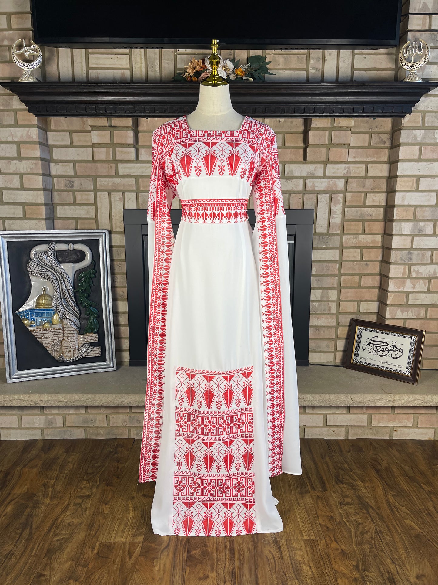 White/Red Long-Sleeve Embroidered Dress