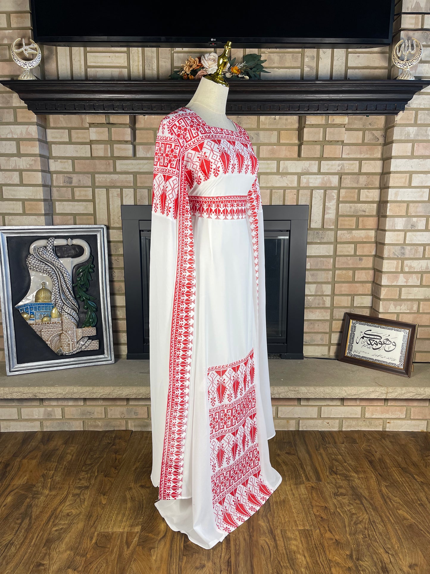 White/Red Long-Sleeve Embroidered Dress