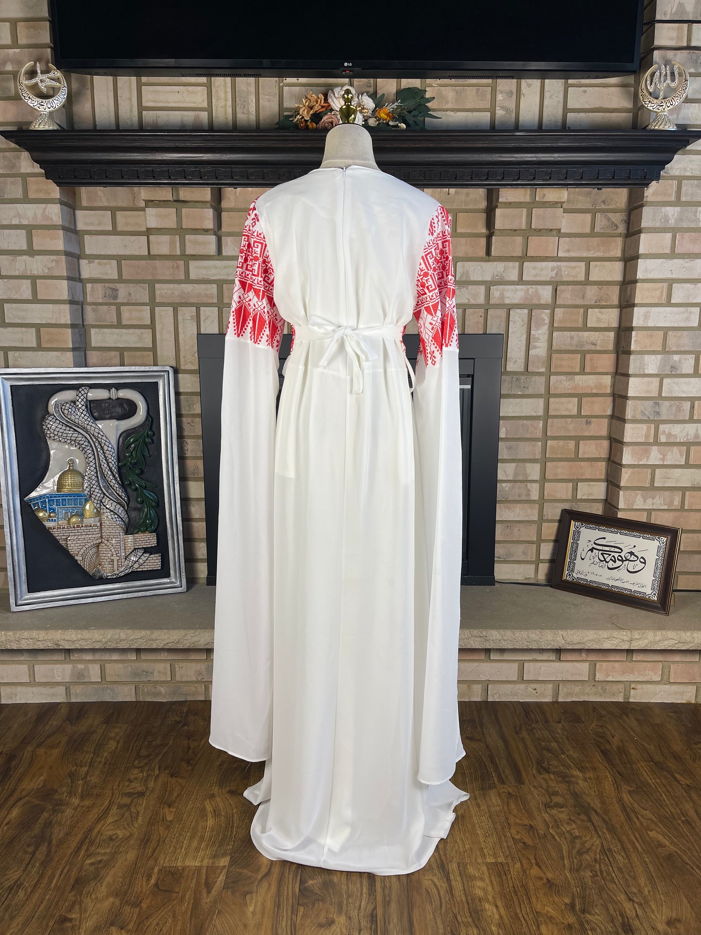 White/Red Long-Sleeve Embroidered Dress