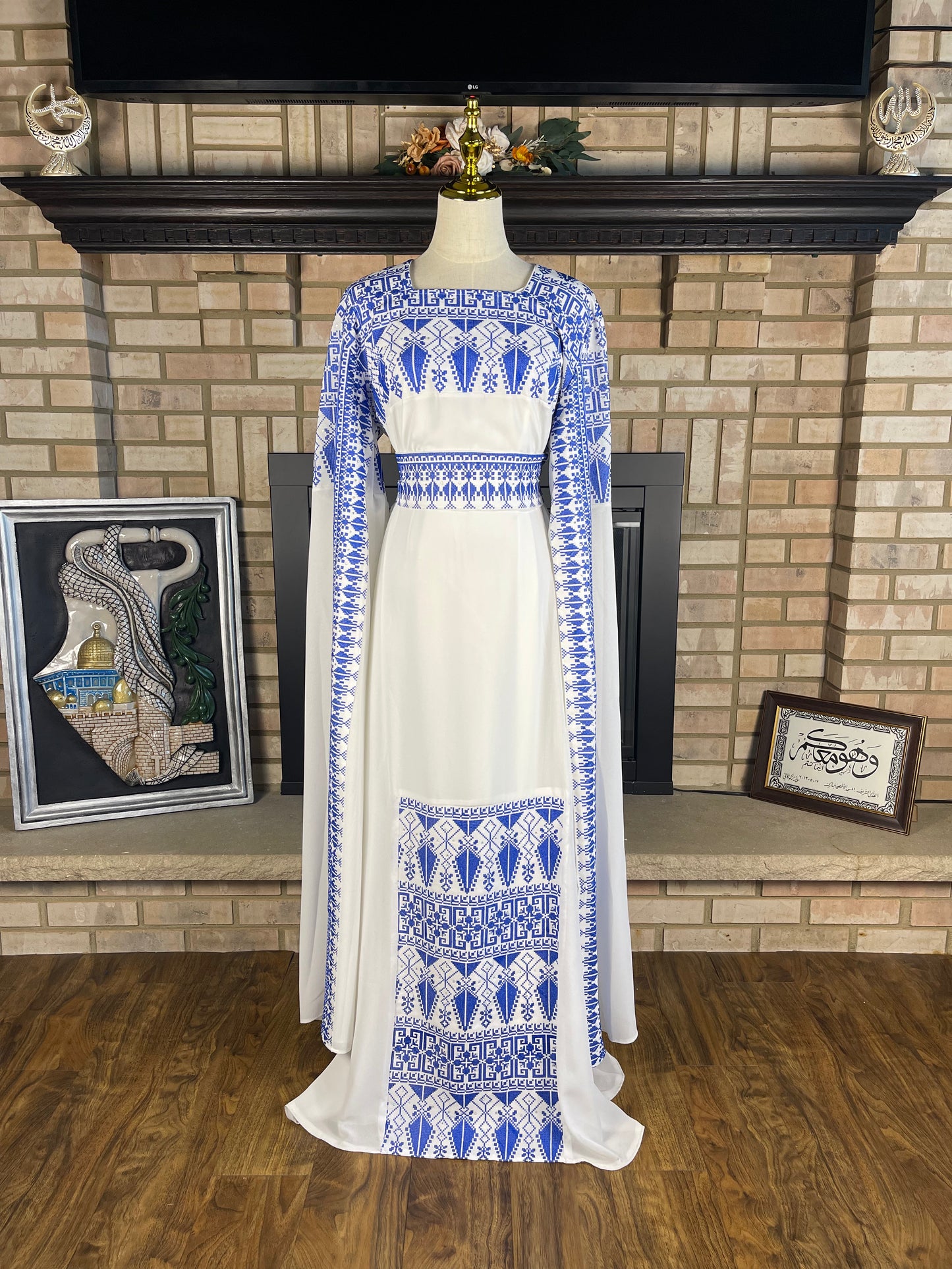 White/Blue Long-Sleeve Embroidered Dress