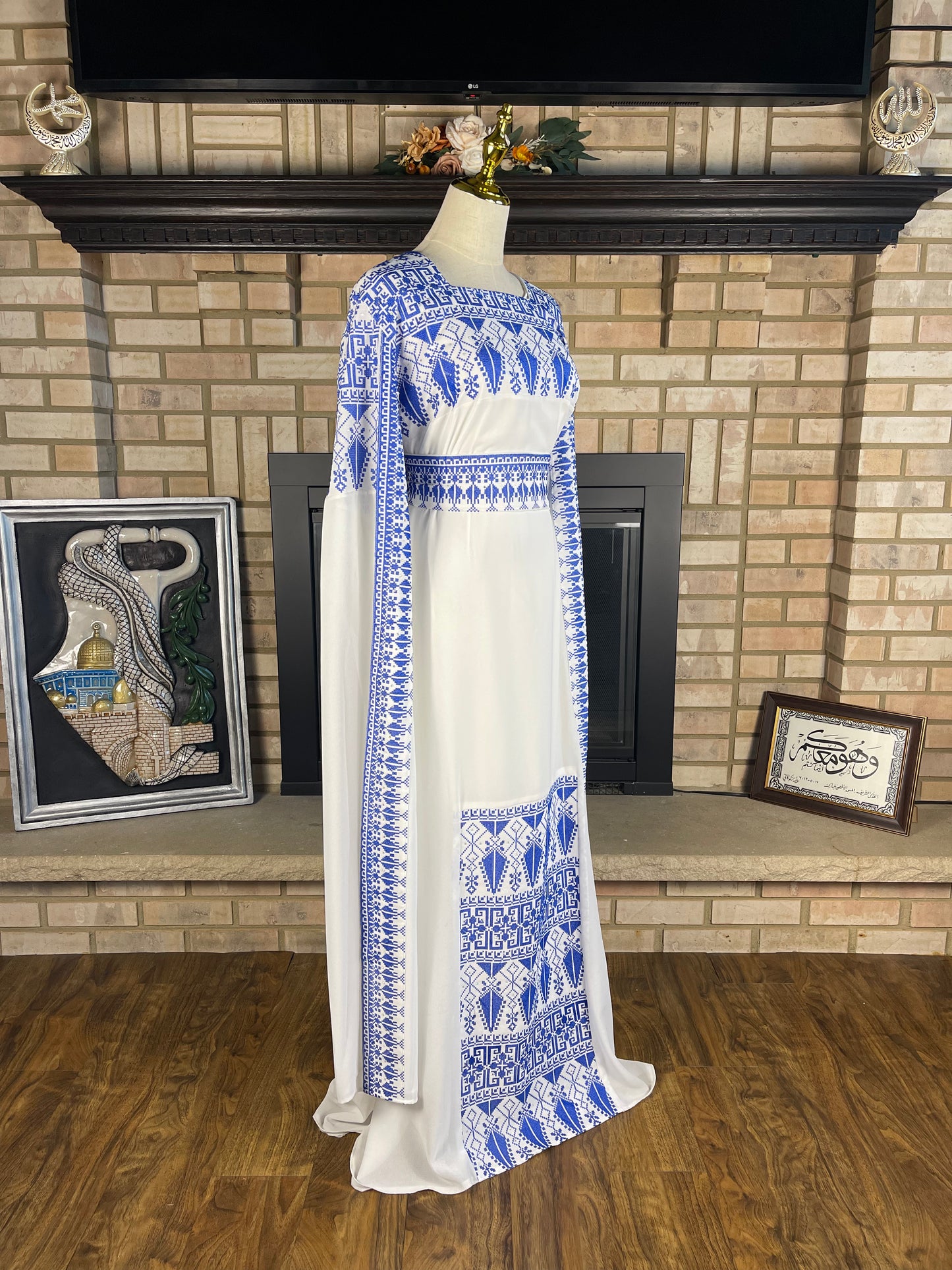 White/Blue Long-Sleeve Embroidered Dress