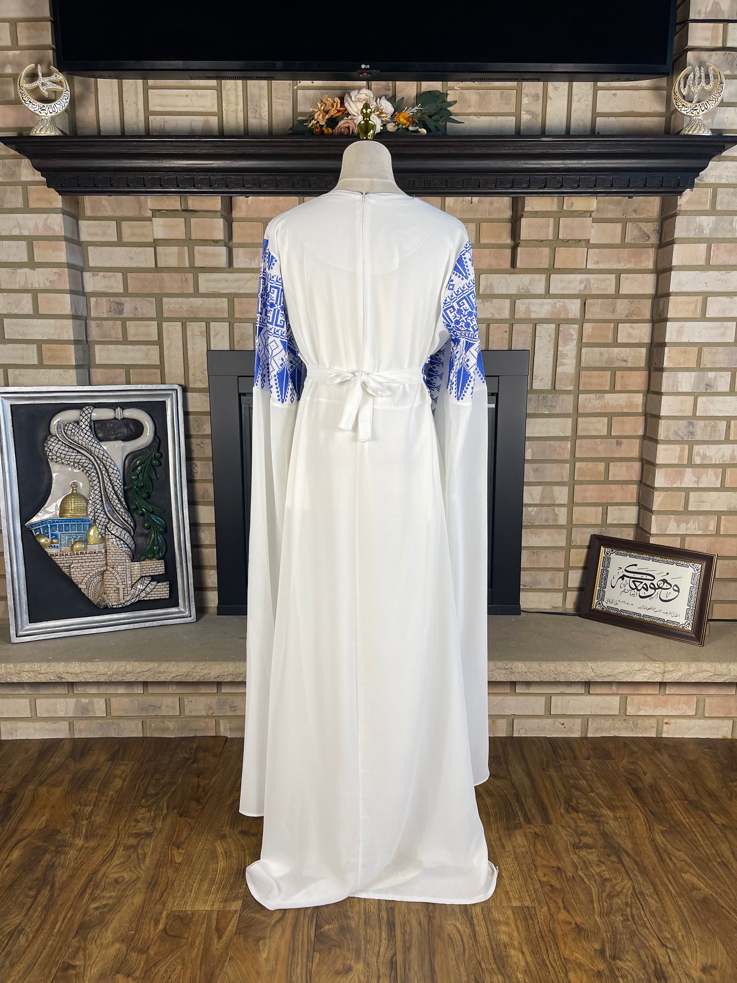 White/Blue Long-Sleeve Embroidered Dress