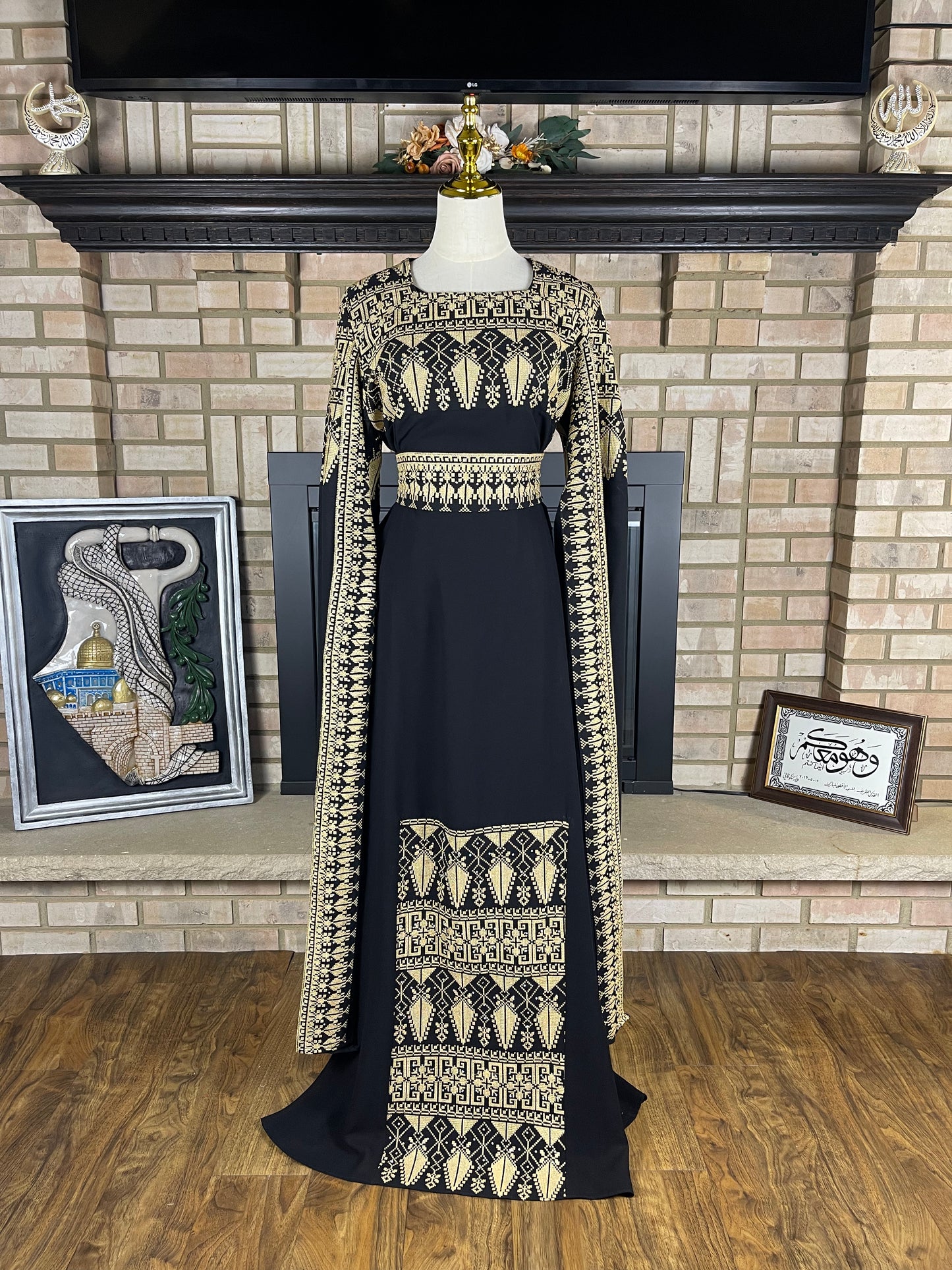 Black/Gold Long-Sleeve Embroidered Dress