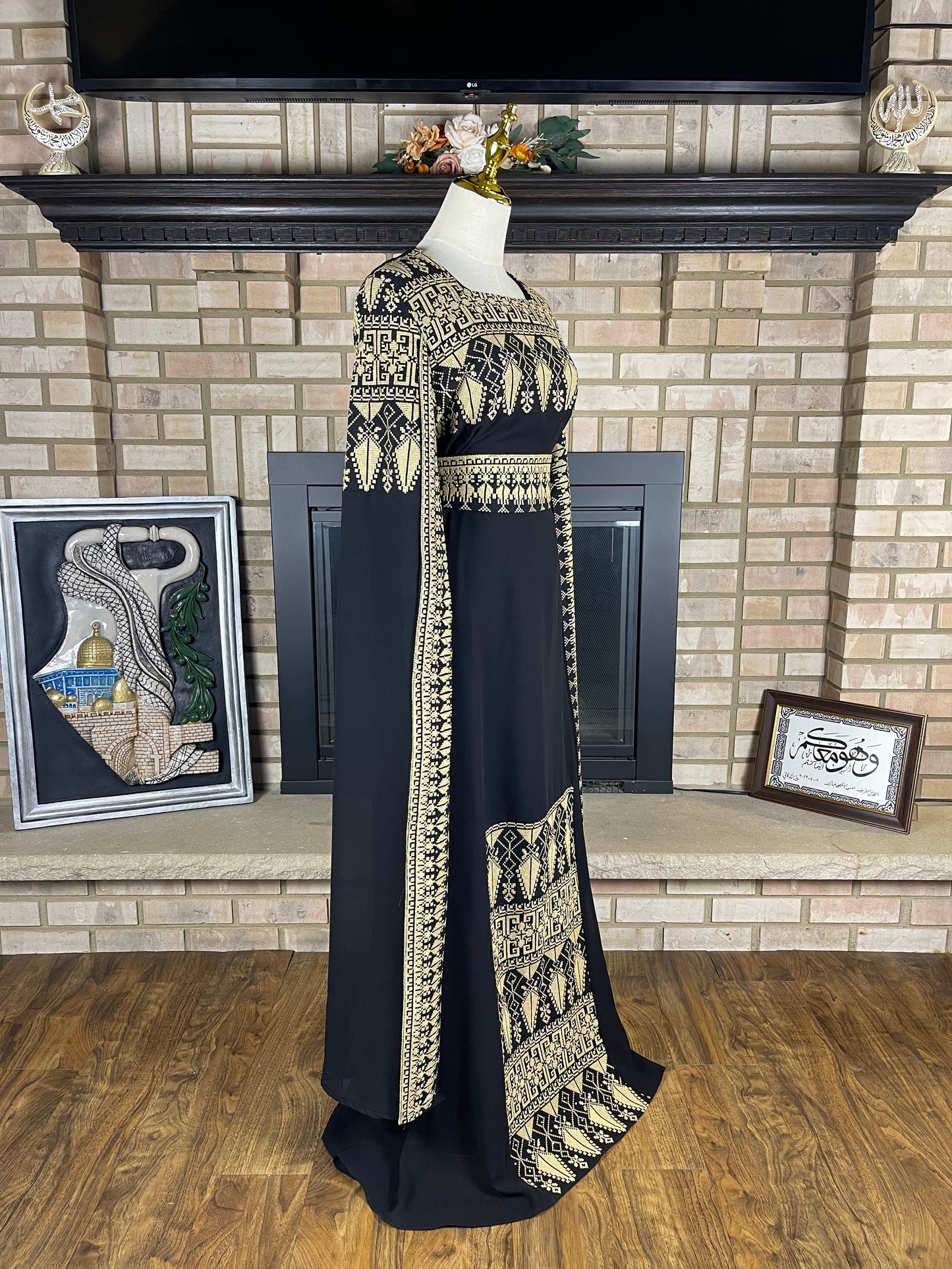 Black/Gold Long-Sleeve Embroidered Dress
