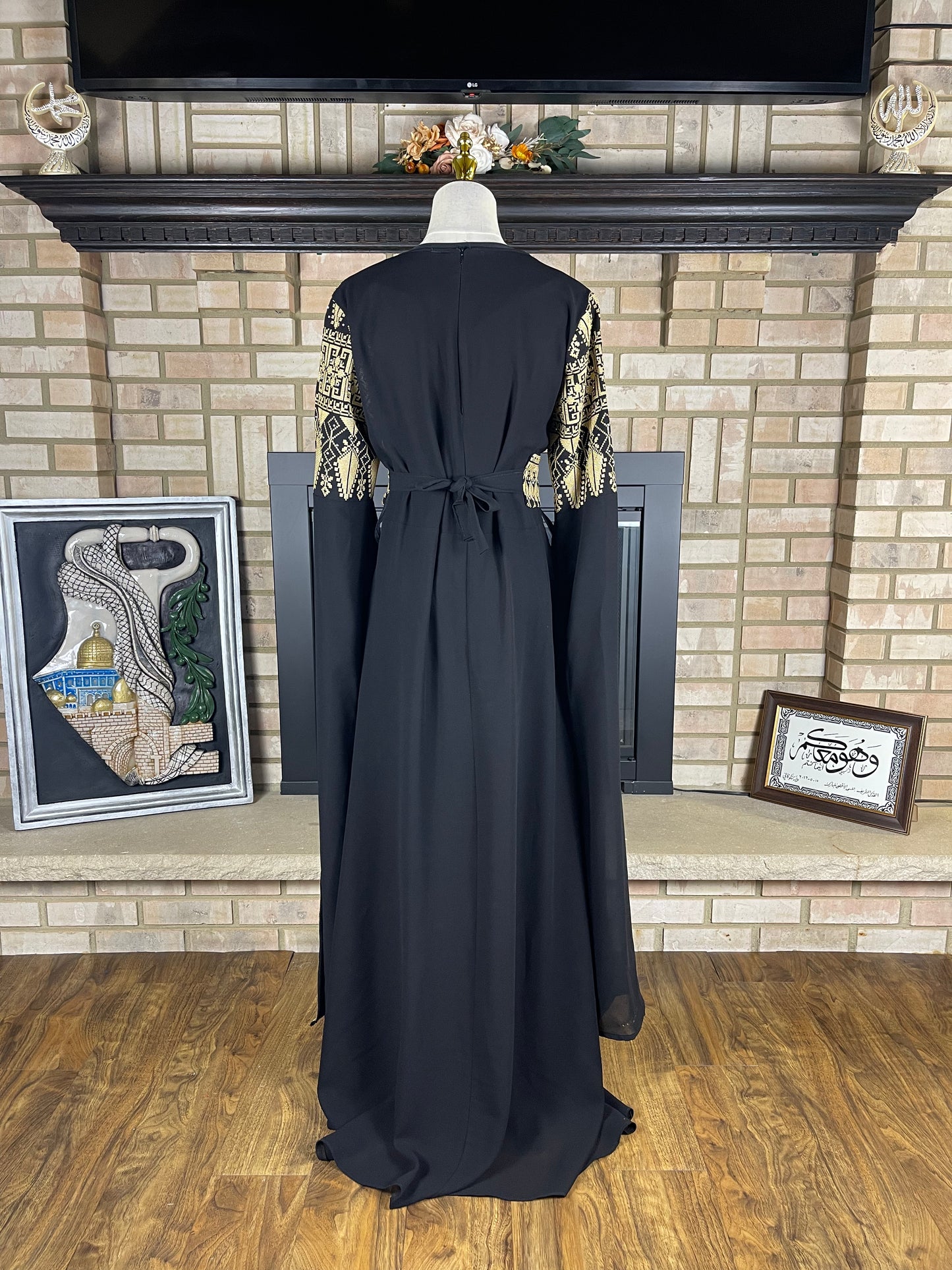 Black/Gold Long-Sleeve Embroidered Dress