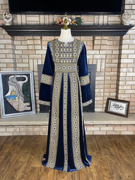 Blue/Gold Jerusalem Velvet Thobe