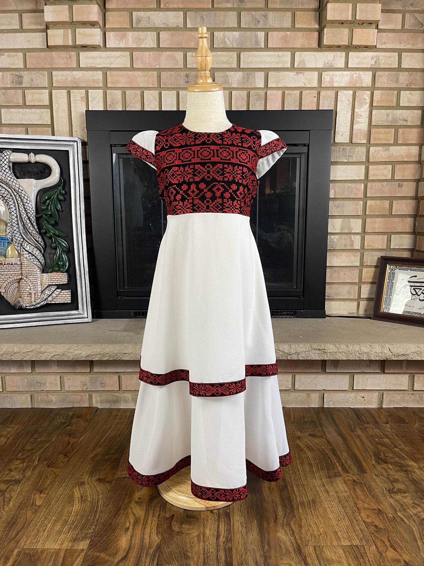 Kids White Layered Embroidered Dress