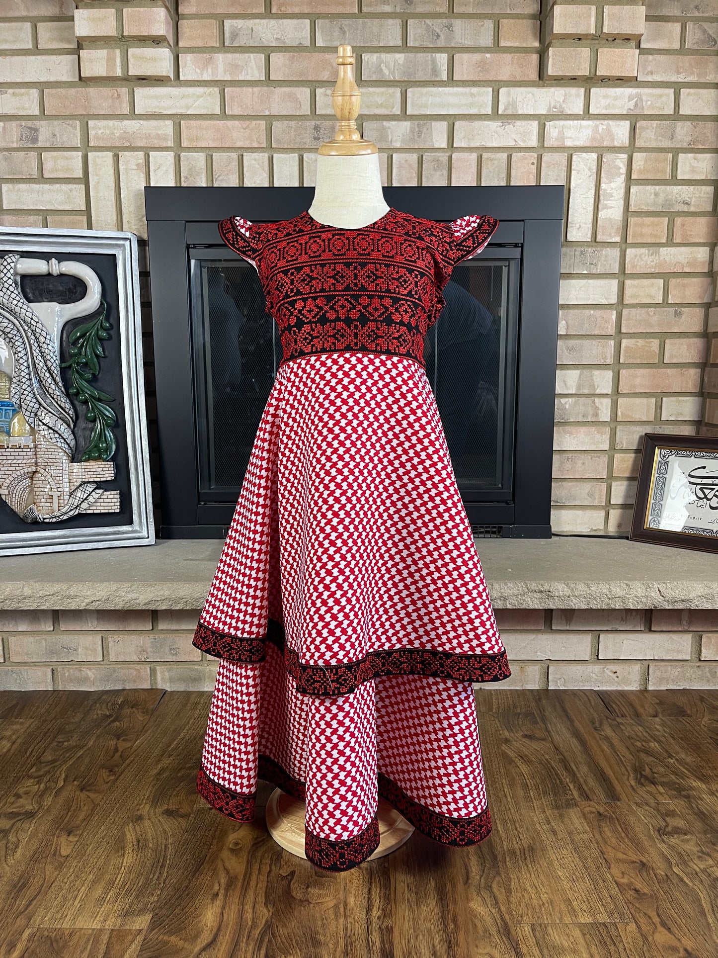 Kids Red Kuffiyeh Layered Embroidered Dress