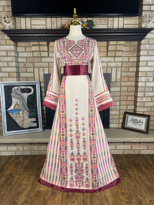 Cream/Burgundy Ajloun Thobe