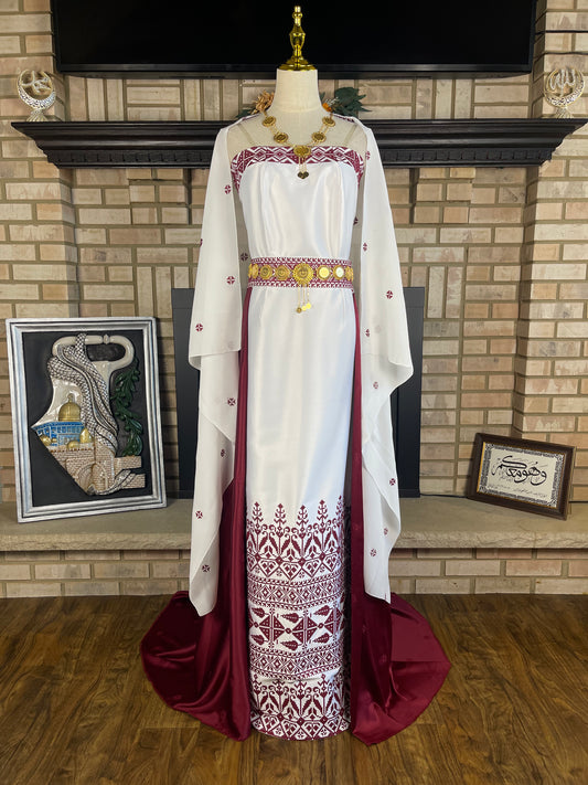 White/Burgundy Satin Bridal Thobe