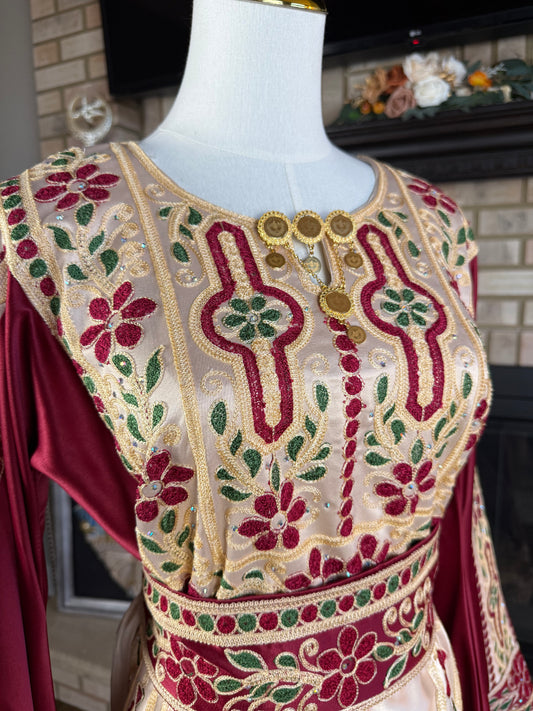 Cream/Maroon Aghabani All-Satin Malaka Thobe