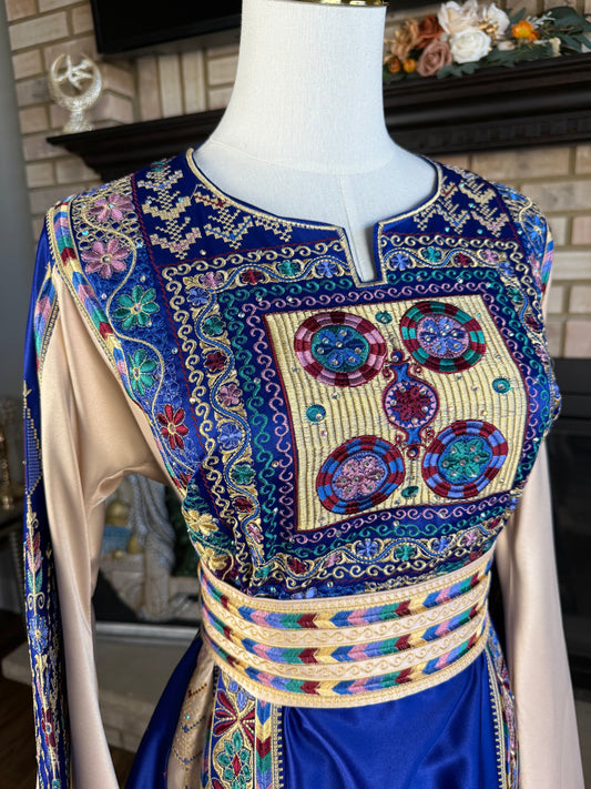 Blue/Gold Bridal All-Satin Malaka Thobe