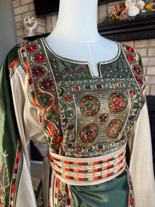 Green/Gold Bridal All-Satin Malaka Thobe